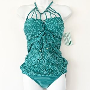 Crochet Crisscross High Neck Tankini Swimsuit